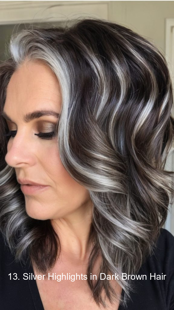 13. Silver Highlights in Dark Brown Hair