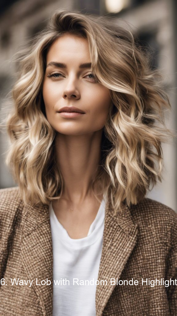 16. Wavy Lob with Random Blonde Highlights