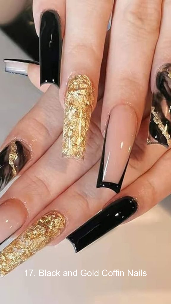 17. Black and Gold Coffin Nail 8327 17. Black and Gold Coffin Nails