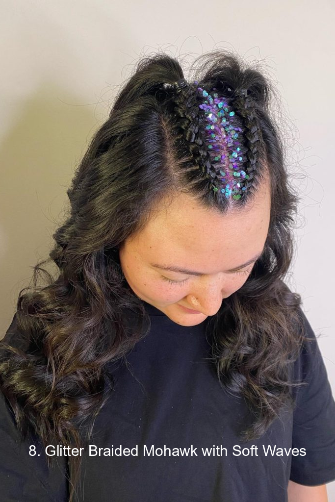 8. Glitter Braided Mohawk with Soft Waves